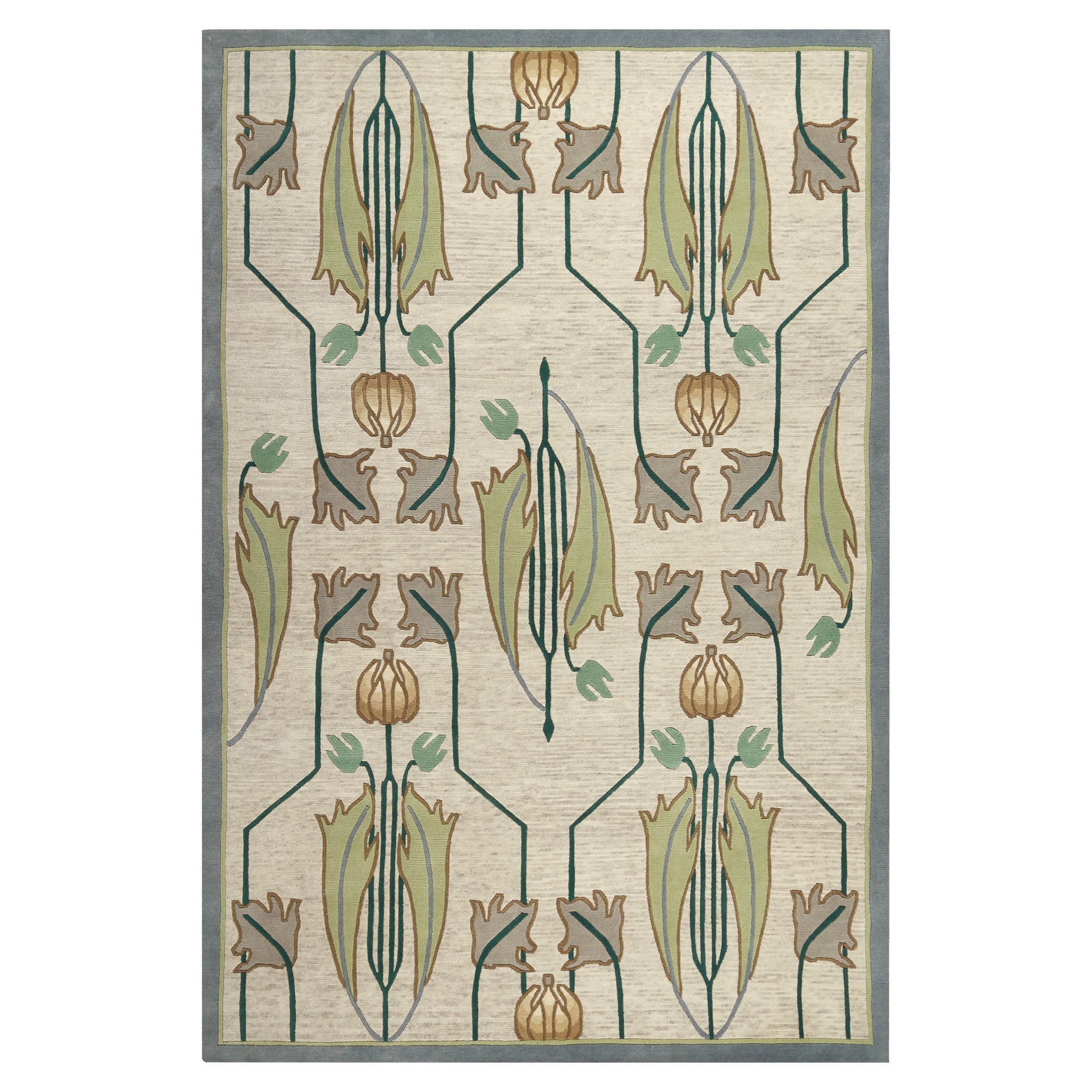 Ivory wool rug with green and gold Mackintosh tulip motifs and a grey border.