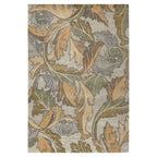 William Morris wool rug featuring a large acanthus leaf pattern in sage green, gold, and grey.