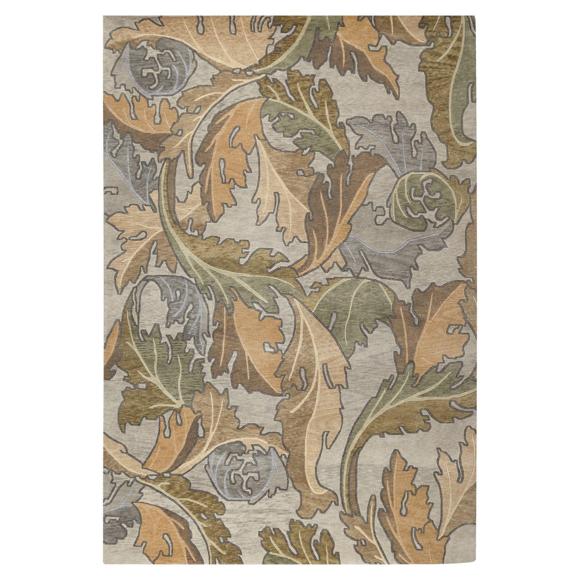 William Morris wool rug featuring a large acanthus leaf pattern in sage green, gold, and grey.
