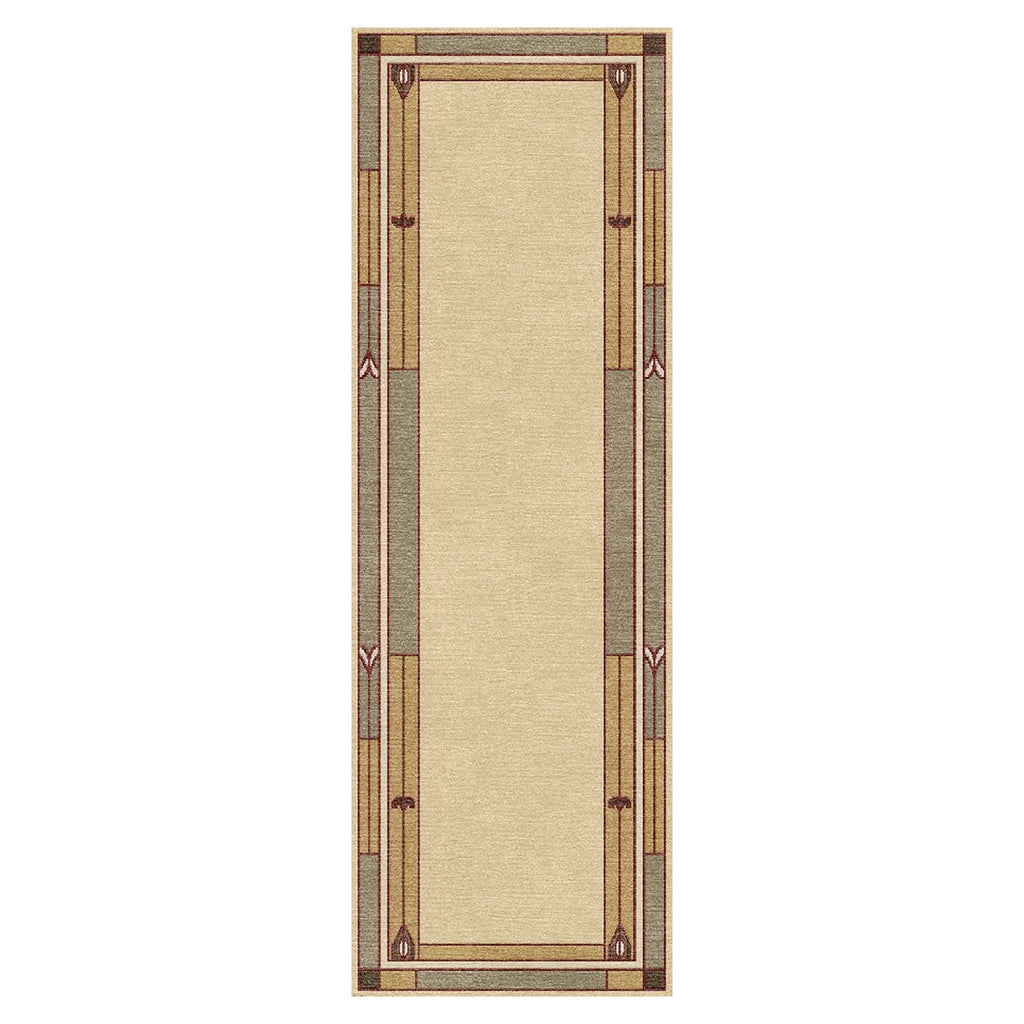 Stickley Prairie Studio wool runner rug with beige center and green geometric border.