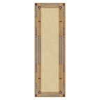 Stickley Prairie Studio wool runner rug with beige center and green geometric border.