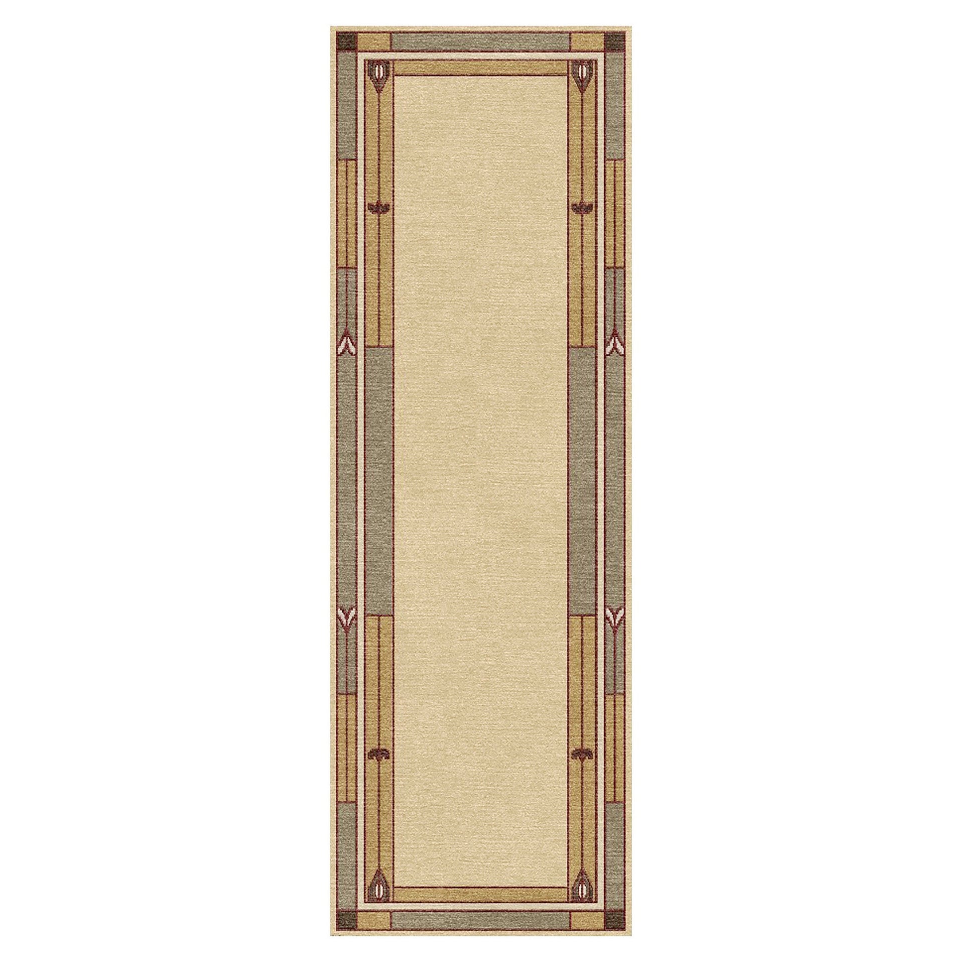Stickley Prairie Studio wool runner rug with beige center and green geometric border.