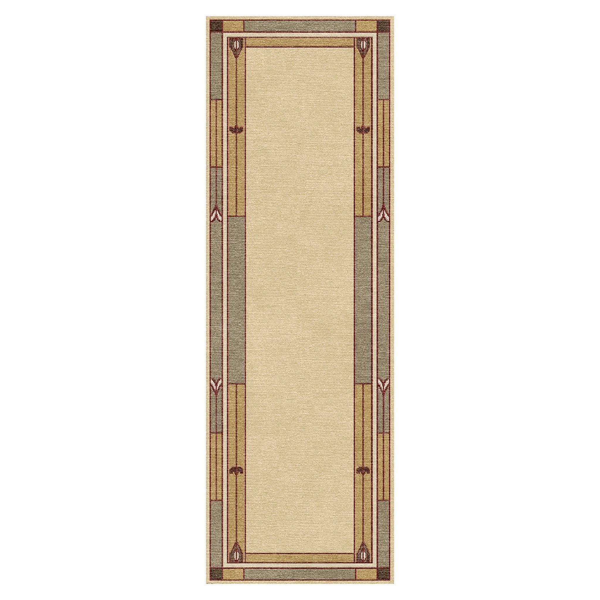Stickley Prairie Studio wool runner rug with beige center and green geometric border.