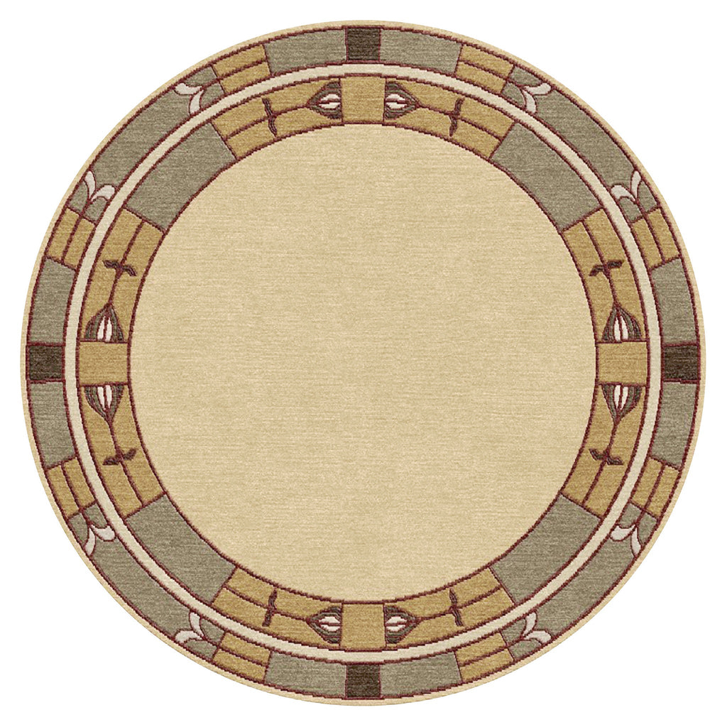 Round Stickley Prairie Studio wool rug with geometric borders in beige, green, and gold.