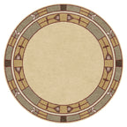 Round Stickley Prairie Studio wool rug with geometric borders in beige, green, and gold.