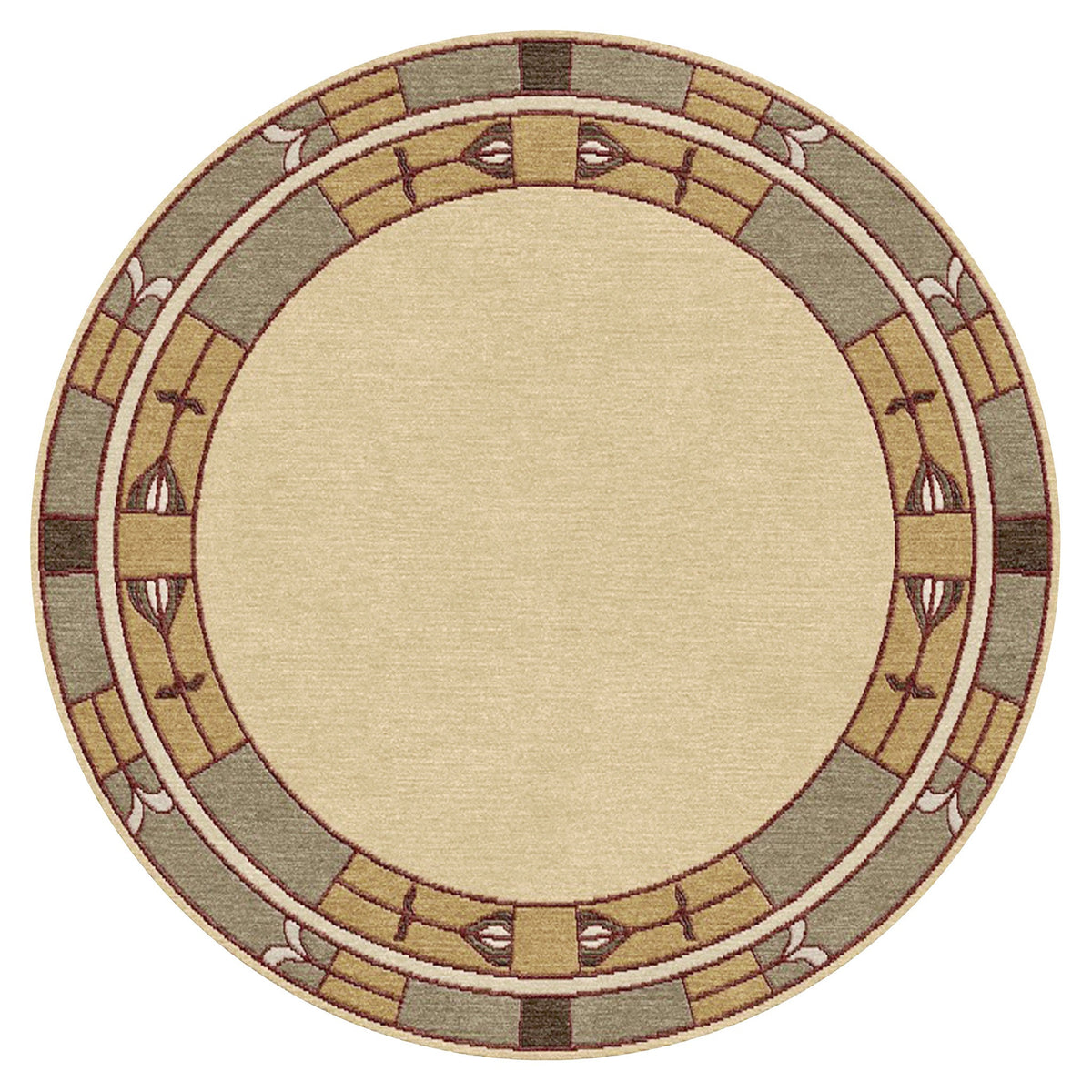 Round Stickley Prairie Studio wool rug with geometric borders in beige, green, and gold.