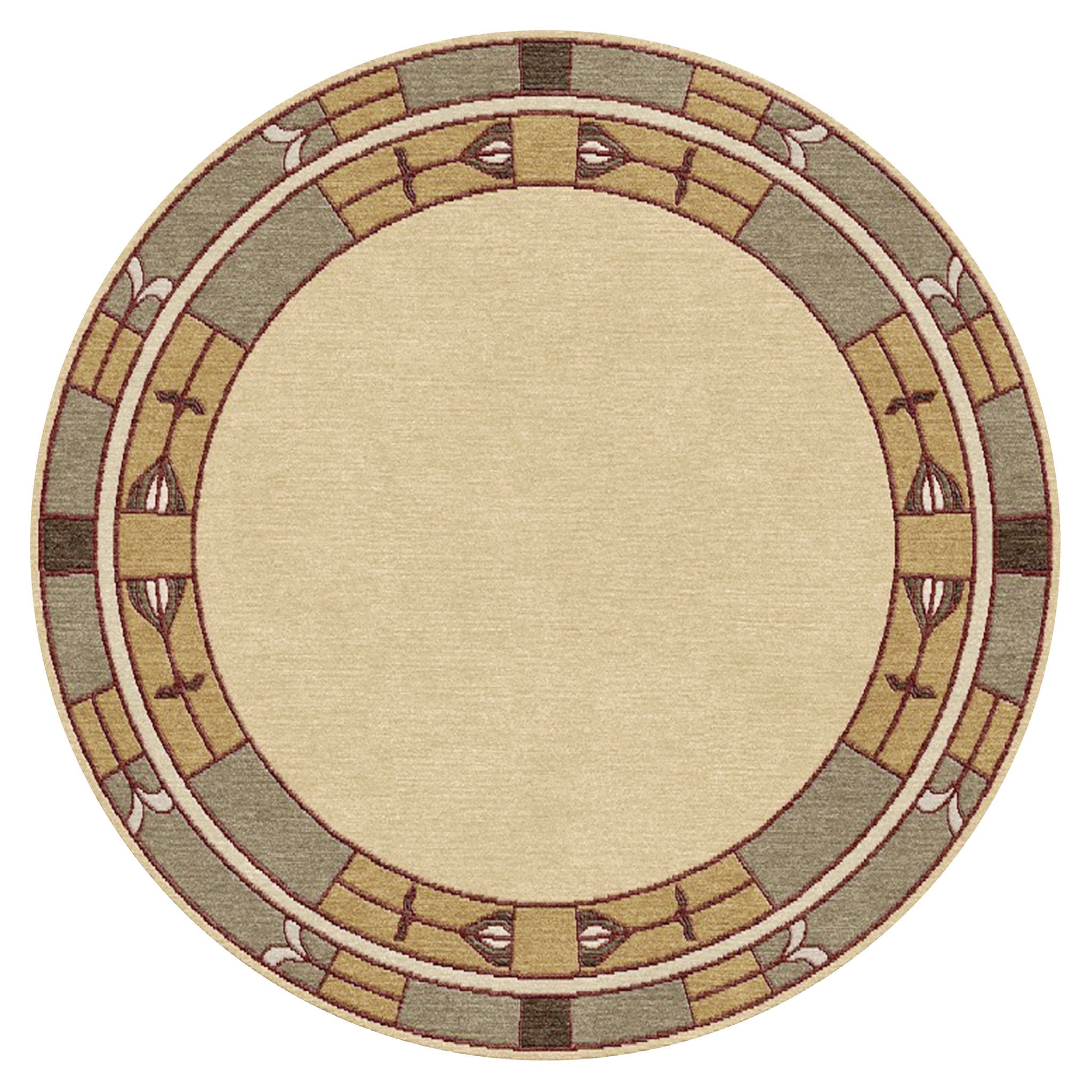 Round Stickley Prairie Studio wool rug with geometric borders in beige, green, and gold.