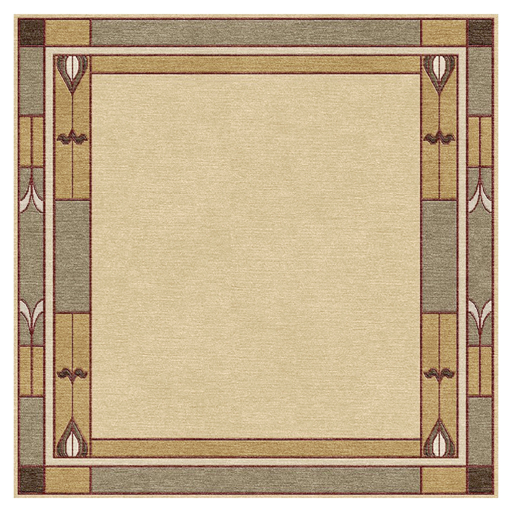 Stickley Prairie Studio wool rug with a beige center and geometric double border.