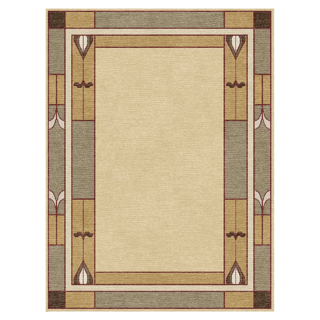 Stickley Prairie Studio wool rug with a beige center and geometric double border in sage green and gold.
