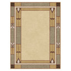 Stickley Prairie Studio wool rug with a beige center and geometric double border in sage green and gold.