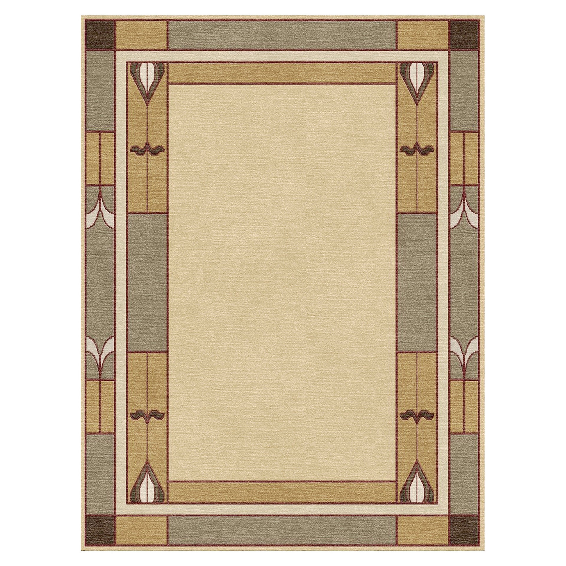 Stickley Prairie Studio wool rug with a beige center and geometric double border in sage green and gold.