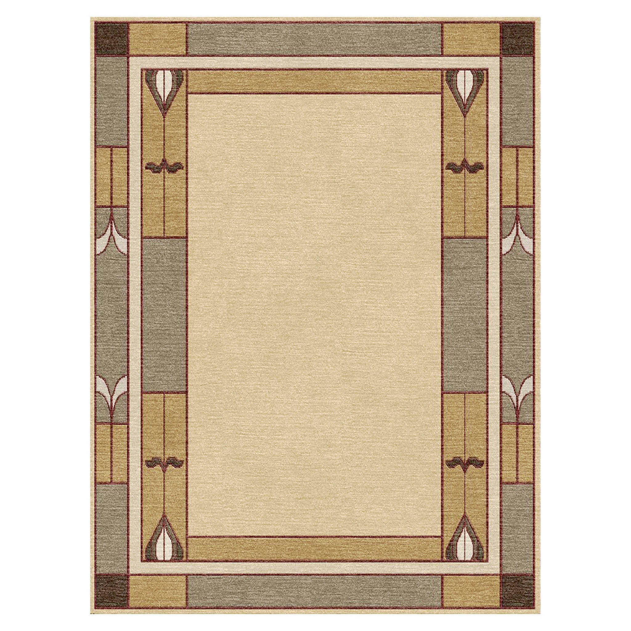 Stickley Prairie Studio wool rug with a beige center and geometric double border in sage green and gold.