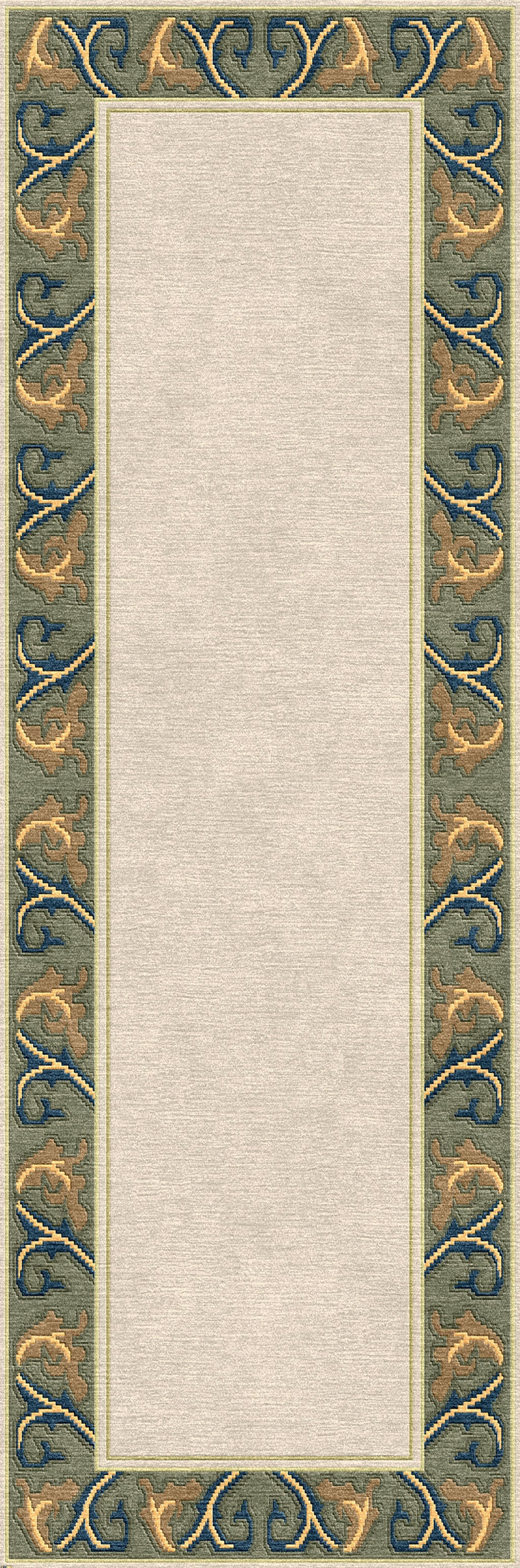 Voysey cream wool runner rug with a sage green, navy, and gold acanthus border.