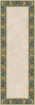Voysey cream wool runner rug with a sage green, navy, and gold acanthus border.