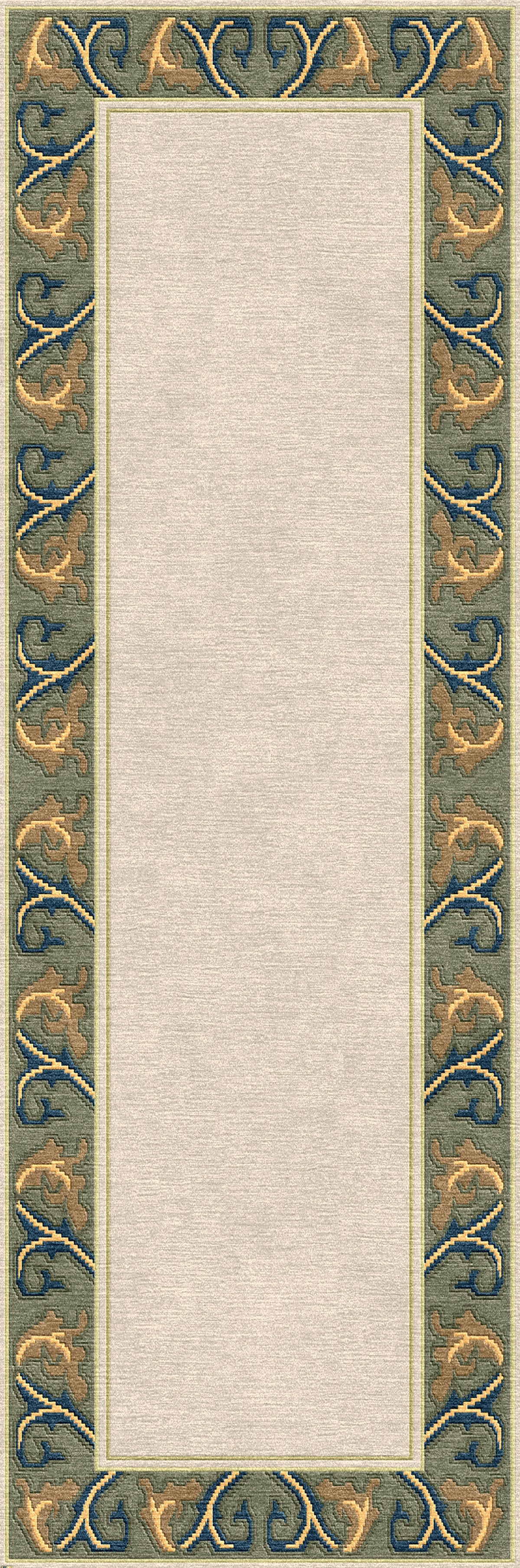 Voysey cream wool runner rug with a sage green, navy, and gold acanthus border.
