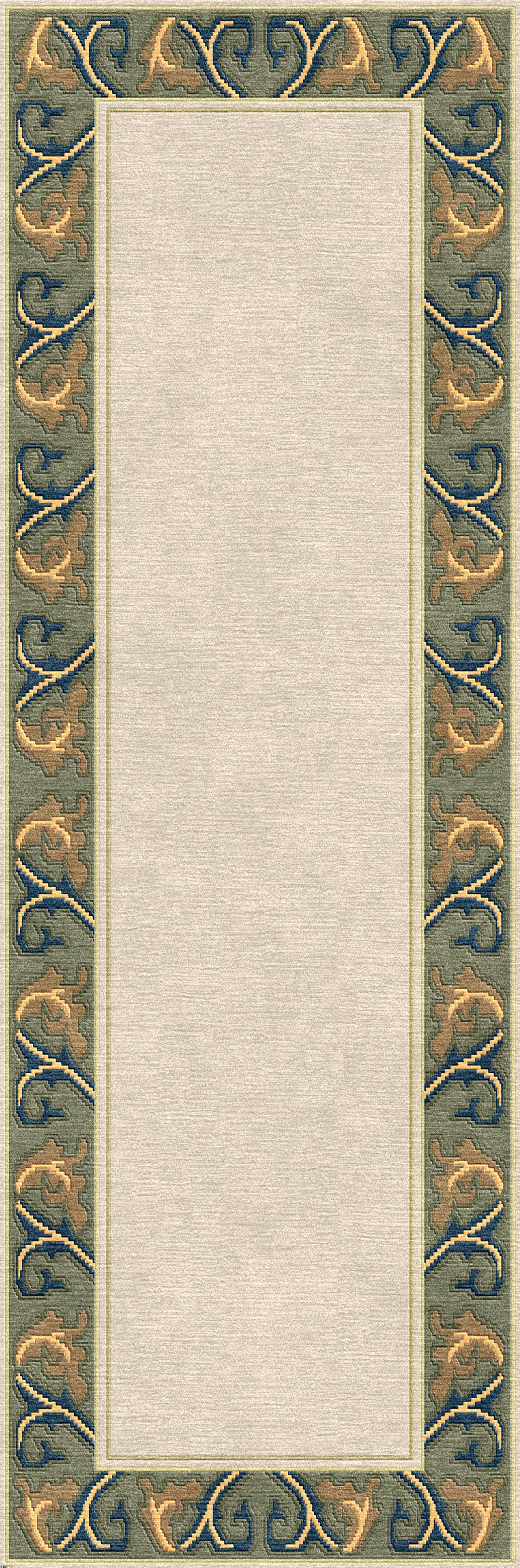 Voysey cream wool runner rug with a sage green, navy, and gold acanthus border.