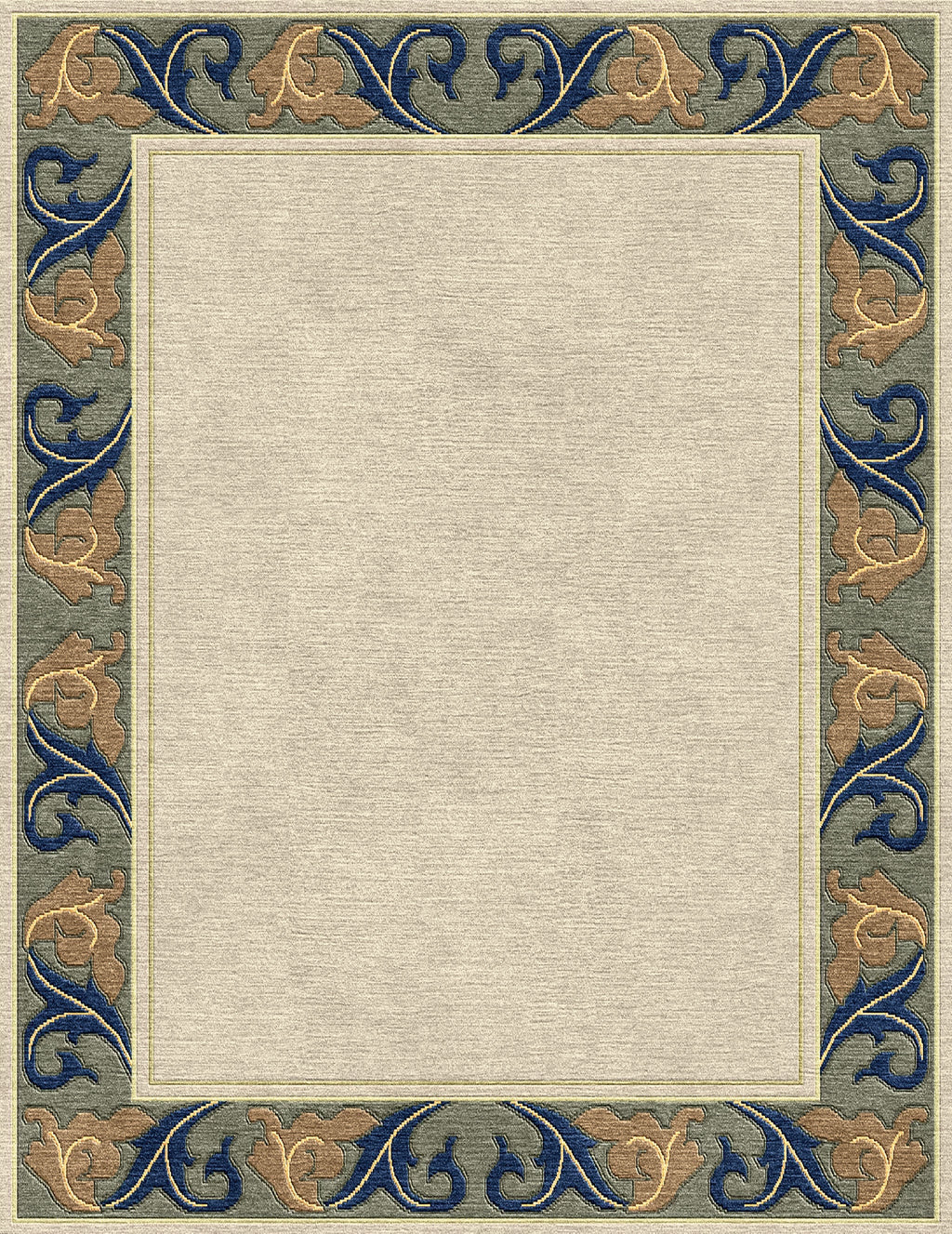 Voysey wool rug with a cream center and navy, gold, and sage acanthus border.