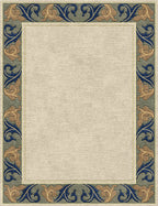 Voysey wool rug with a cream center and navy, gold, and sage acanthus border.