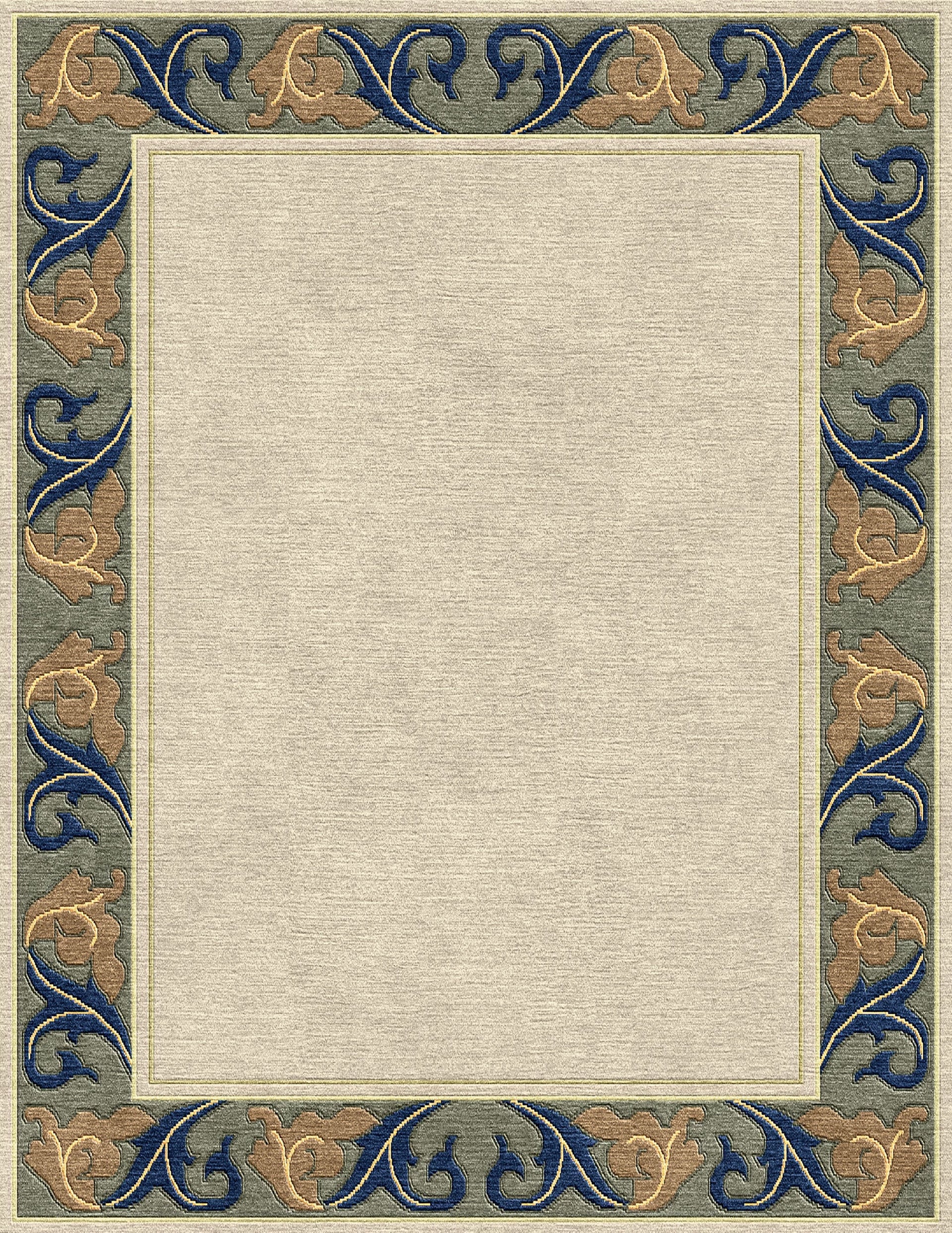 Voysey wool rug with a cream center and navy, gold, and sage acanthus border.
