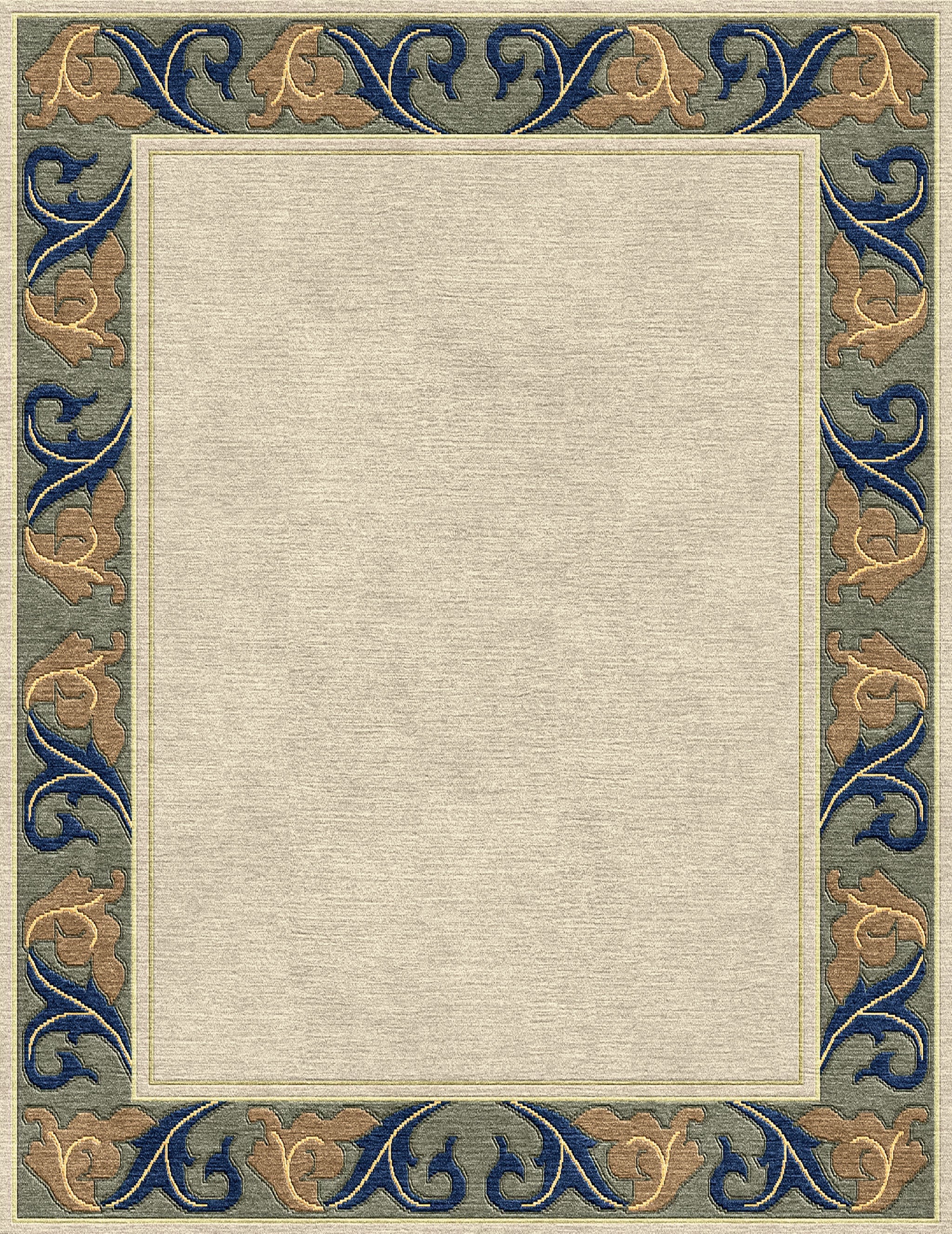 Voysey wool rug with a cream center and navy, gold, and sage acanthus border.