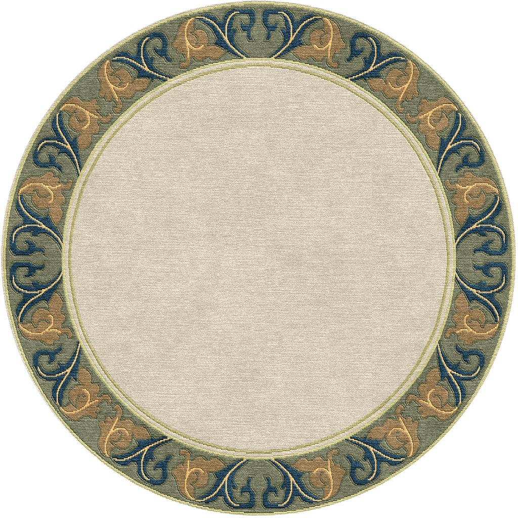 Round Voysey wool rug in cream with a sage, gold, and navy acanthus border.
