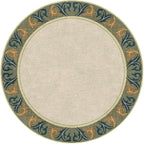 Round Voysey wool rug in cream with a sage, gold, and navy acanthus border.