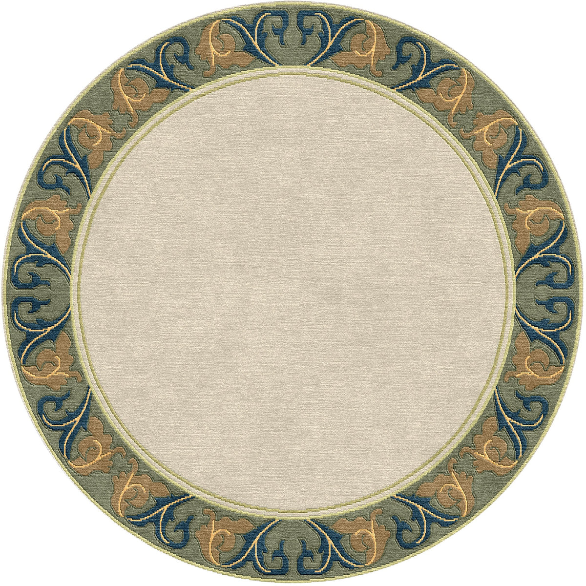 Round Voysey wool rug in cream with a sage, gold, and navy acanthus border.