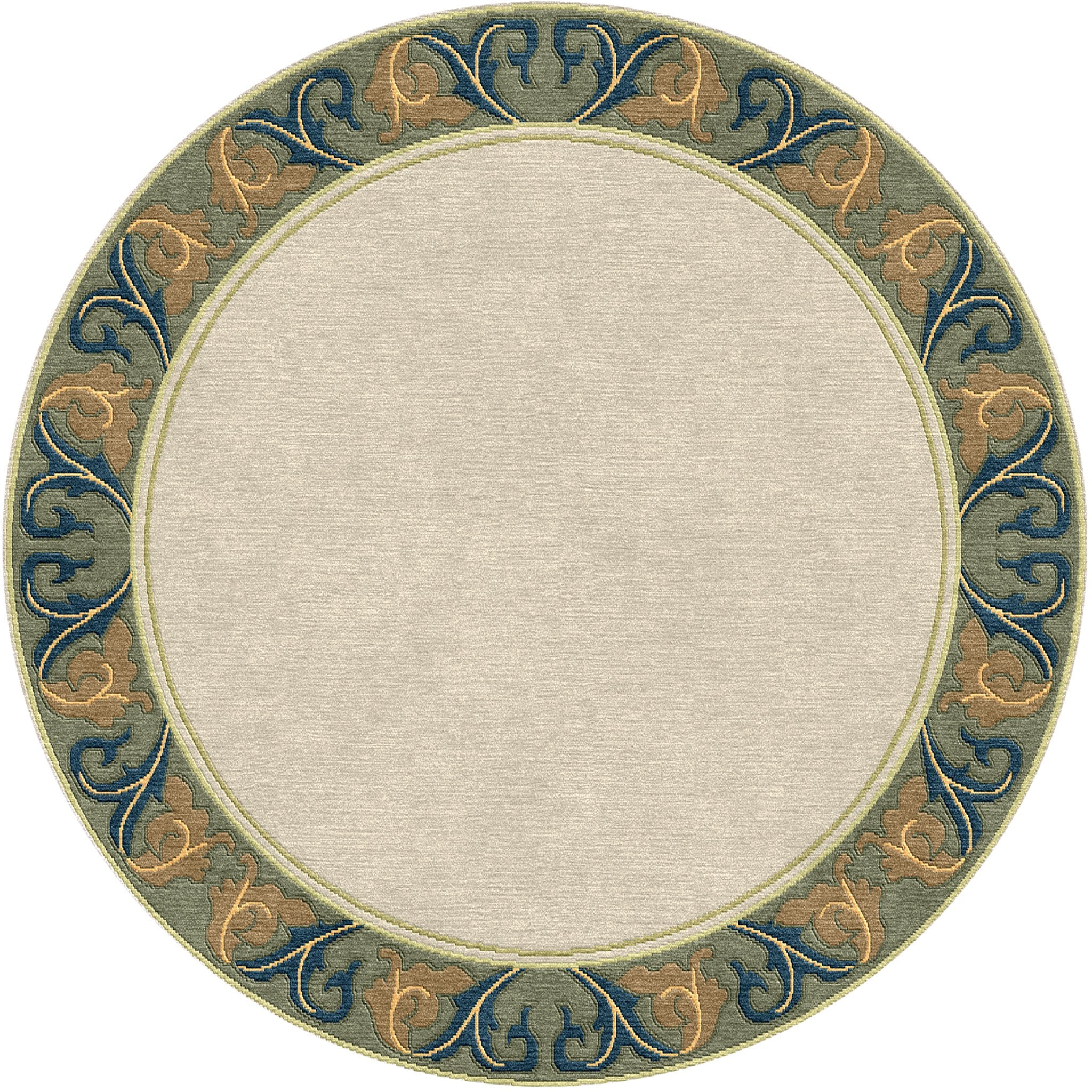Round Voysey wool rug in cream with a sage, gold, and navy acanthus border.