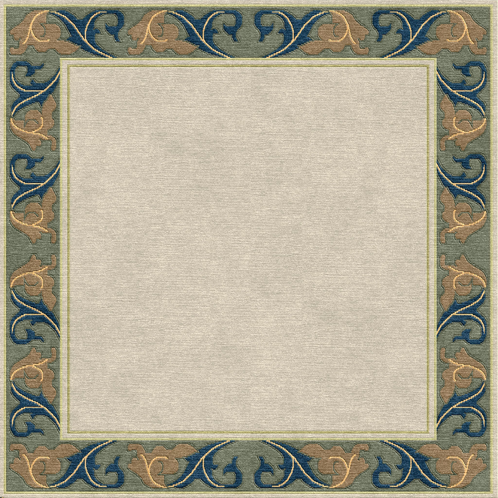 Voysey Cream Border wool rug with navy and gold acanthus motif on a sage green border.