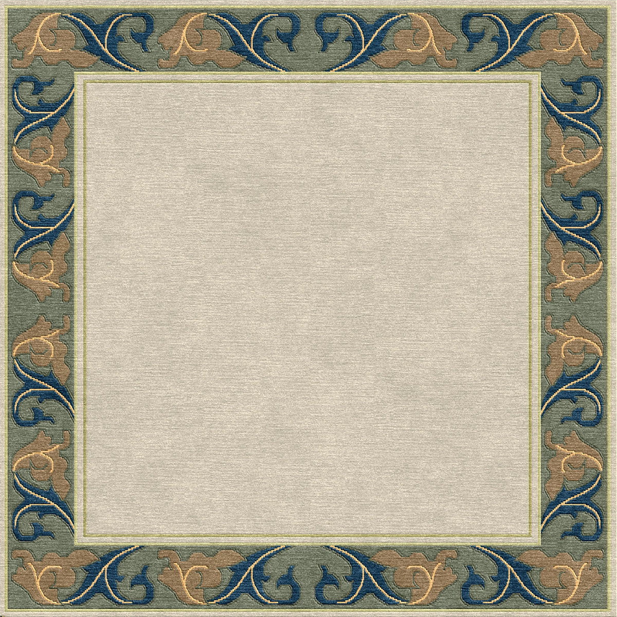 Voysey Cream Border wool rug with navy and gold acanthus motif on a sage green border.
