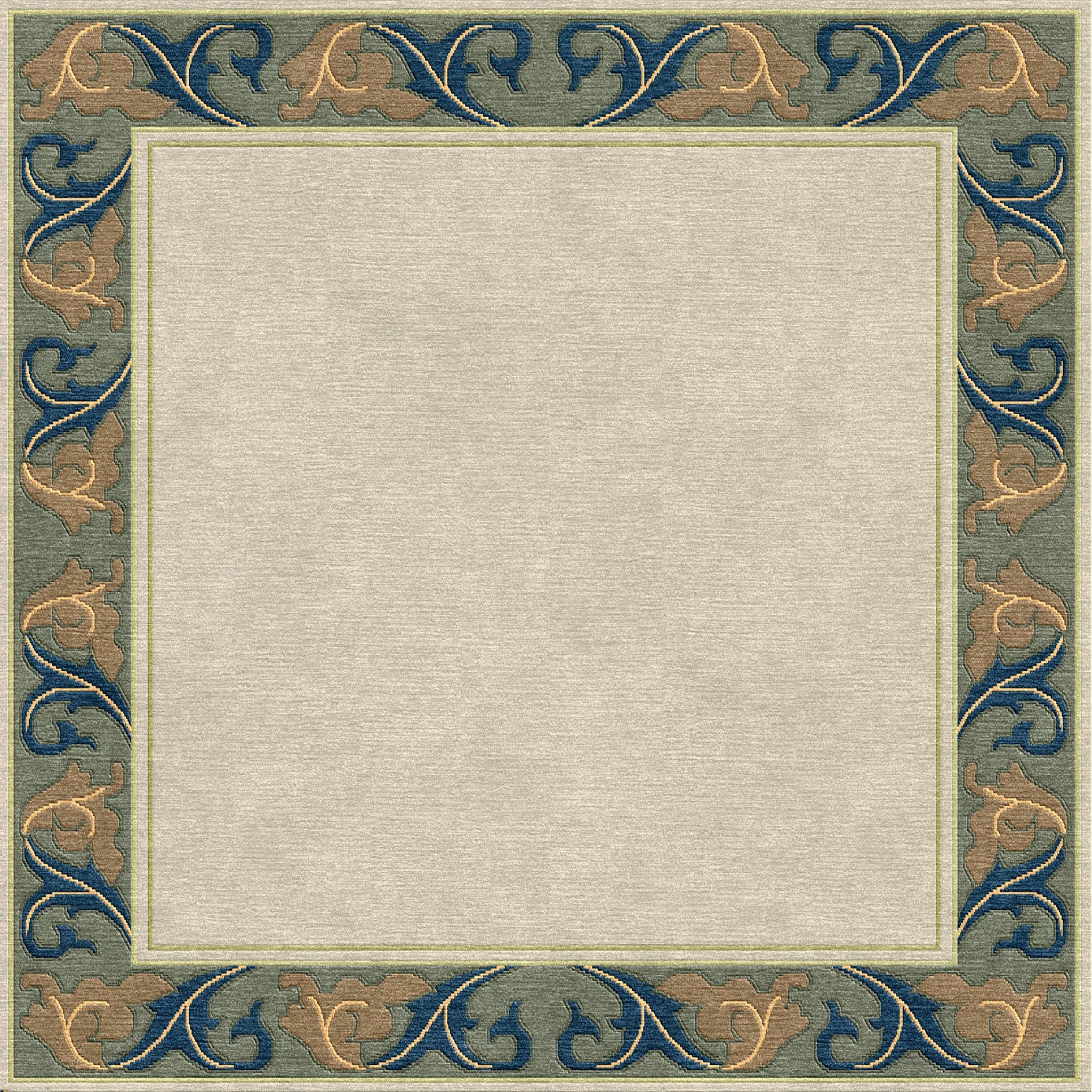 Voysey Cream Border wool rug with navy and gold acanthus motif on a sage green border.