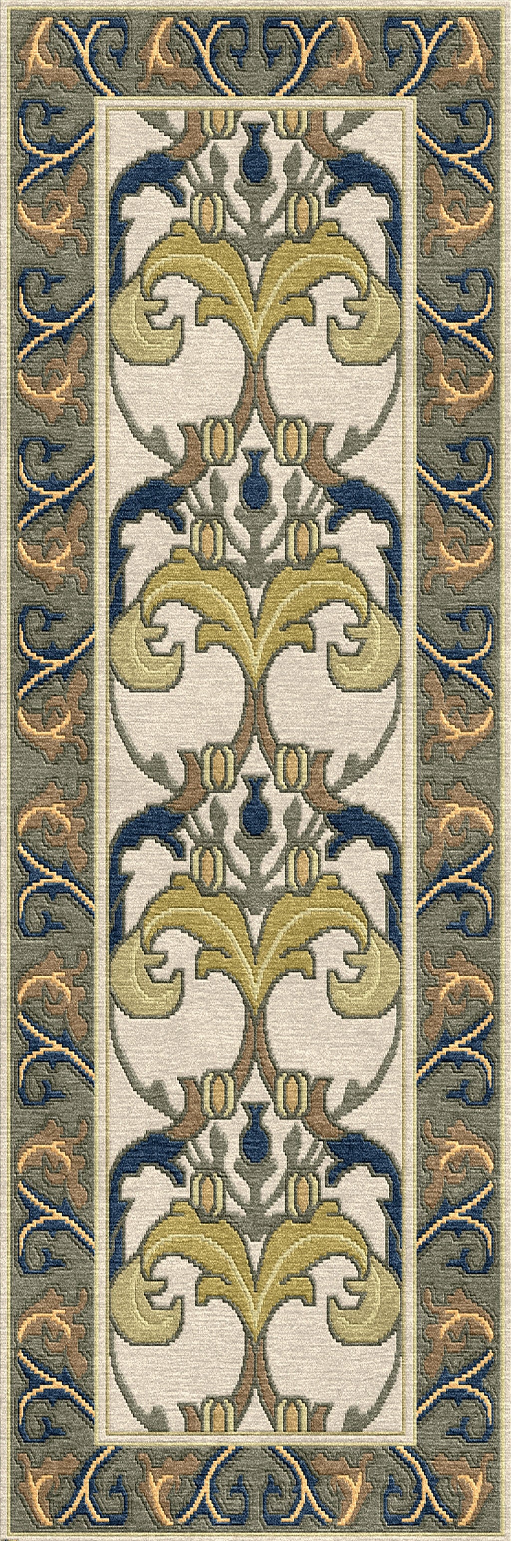 Voysey Botanical Stickley wool runner rug with navy, gold, and sage acanthus motif.