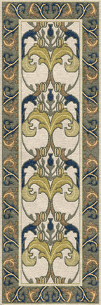 Voysey Botanical Stickley wool runner rug with navy, gold, and sage acanthus motif.