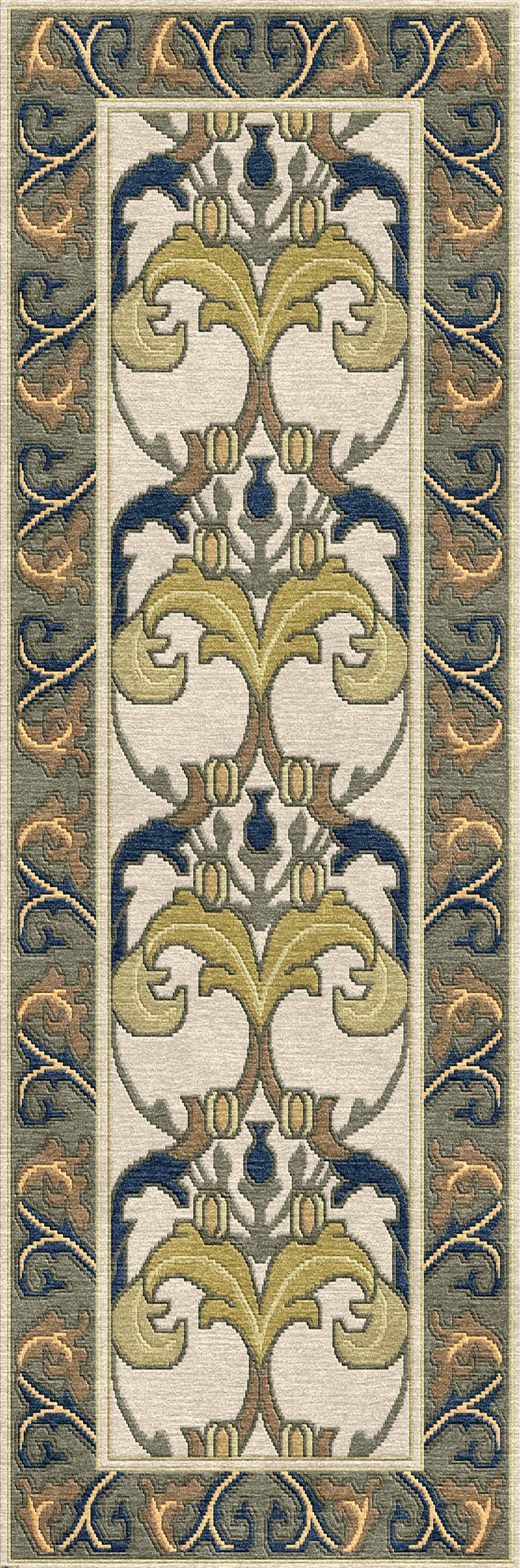 Voysey Botanical Stickley wool runner rug with navy, gold, and sage acanthus motif.