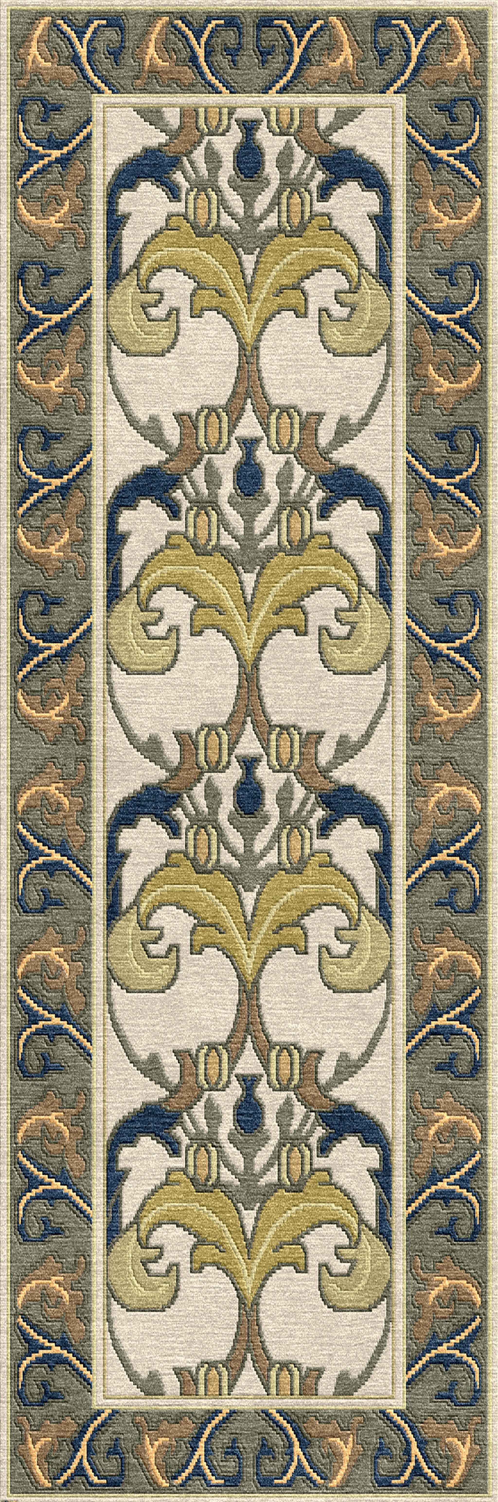 Voysey Botanical Stickley wool runner rug with navy, gold, and sage acanthus motif.