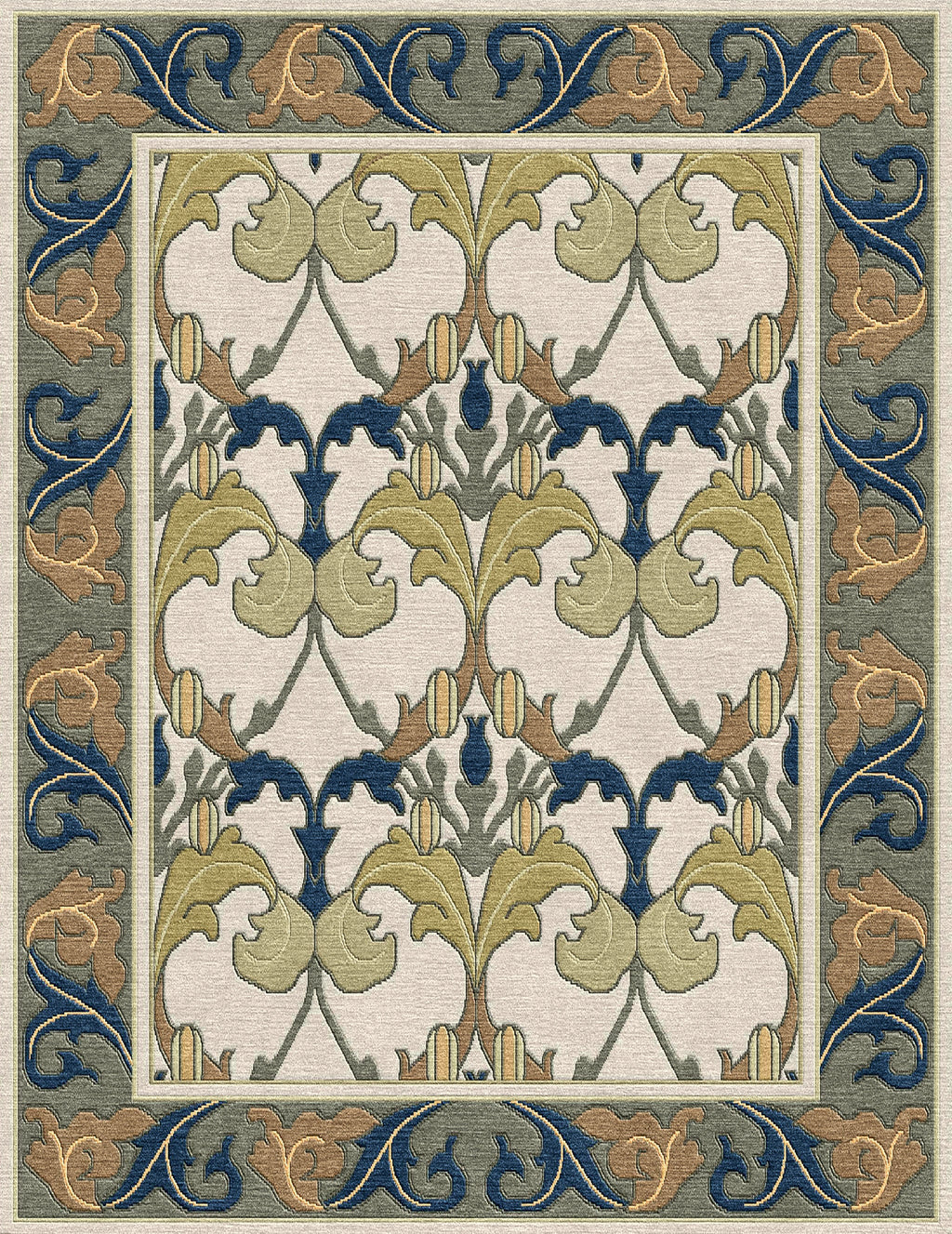 Voysey Botanical Stickley wool rug with navy, gold, and sage acanthus motif on a cream background.