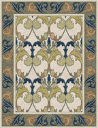Voysey Botanical Stickley wool rug with navy, gold, and sage acanthus motif on a cream background.