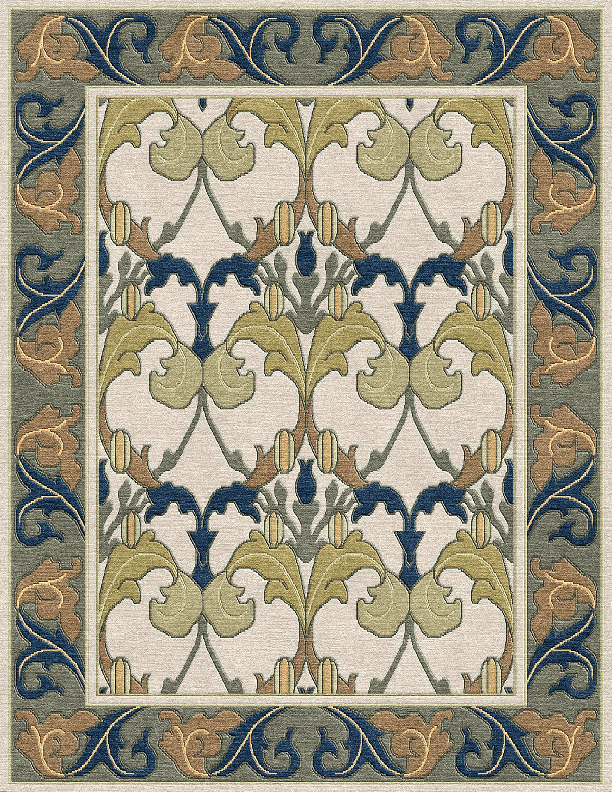 Voysey Botanical Stickley wool rug with navy, gold, and sage acanthus motif on a cream background.
