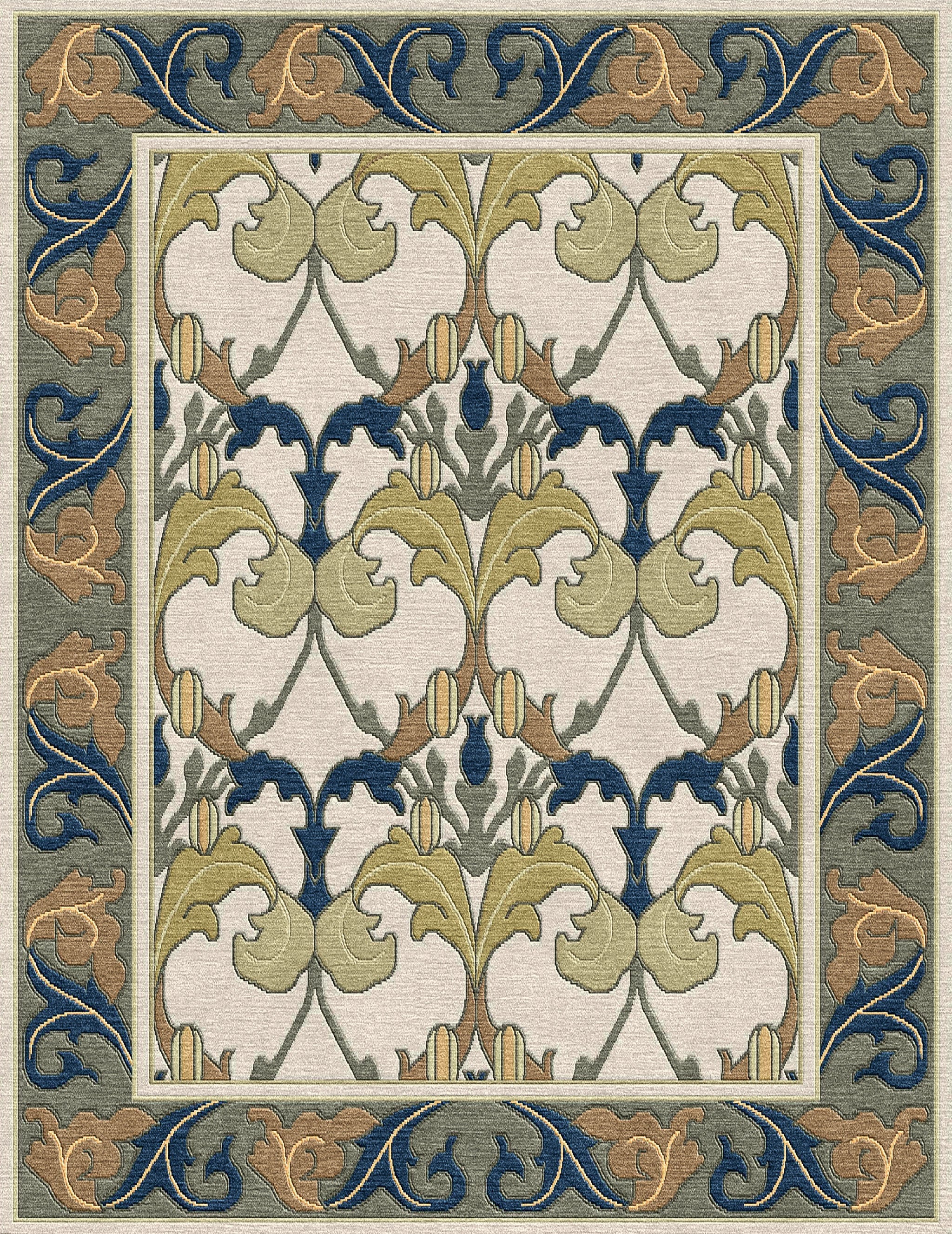 Voysey Botanical Stickley wool rug with navy, gold, and sage acanthus motif on a cream background.