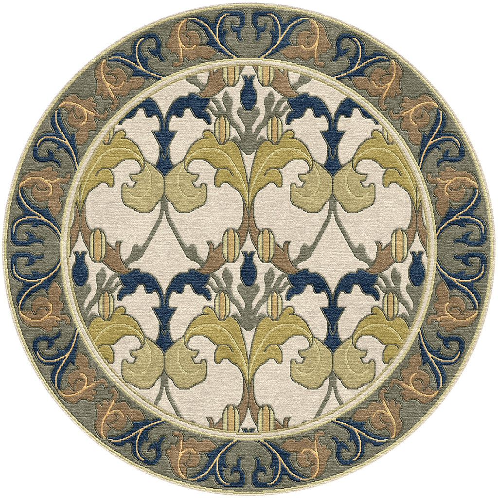 Round Voysey Botanical wool rug with Arts and Crafts acanthus motif in navy, gold, sage, and cream.