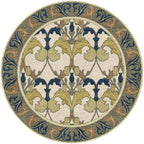 Round Voysey Botanical wool rug with Arts and Crafts acanthus motif in navy, gold, sage, and cream.
