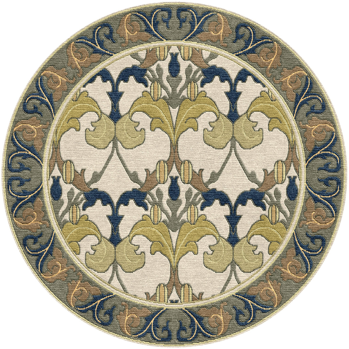 Round Voysey Botanical wool rug with Arts and Crafts acanthus motif in navy, gold, sage, and cream.