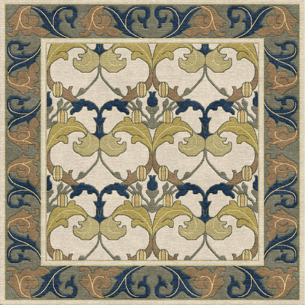 Voysey Botanical Stickley wool rug with navy, gold, and sage acanthus motif on cream.