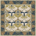 Voysey Botanical Stickley wool rug with navy, gold, and sage acanthus motif on cream.
