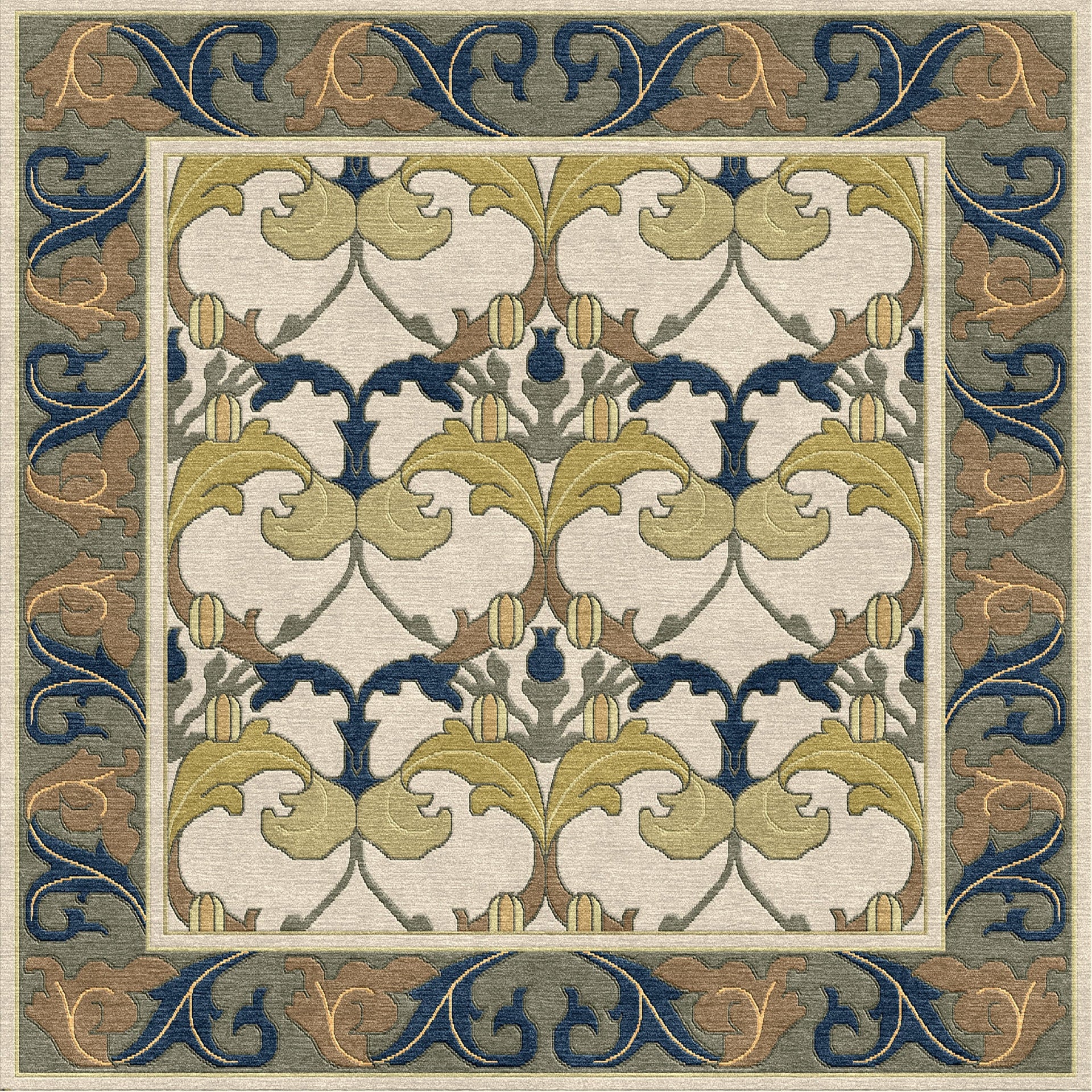 Voysey Botanical Stickley wool rug with navy, gold, and sage acanthus motif on cream.