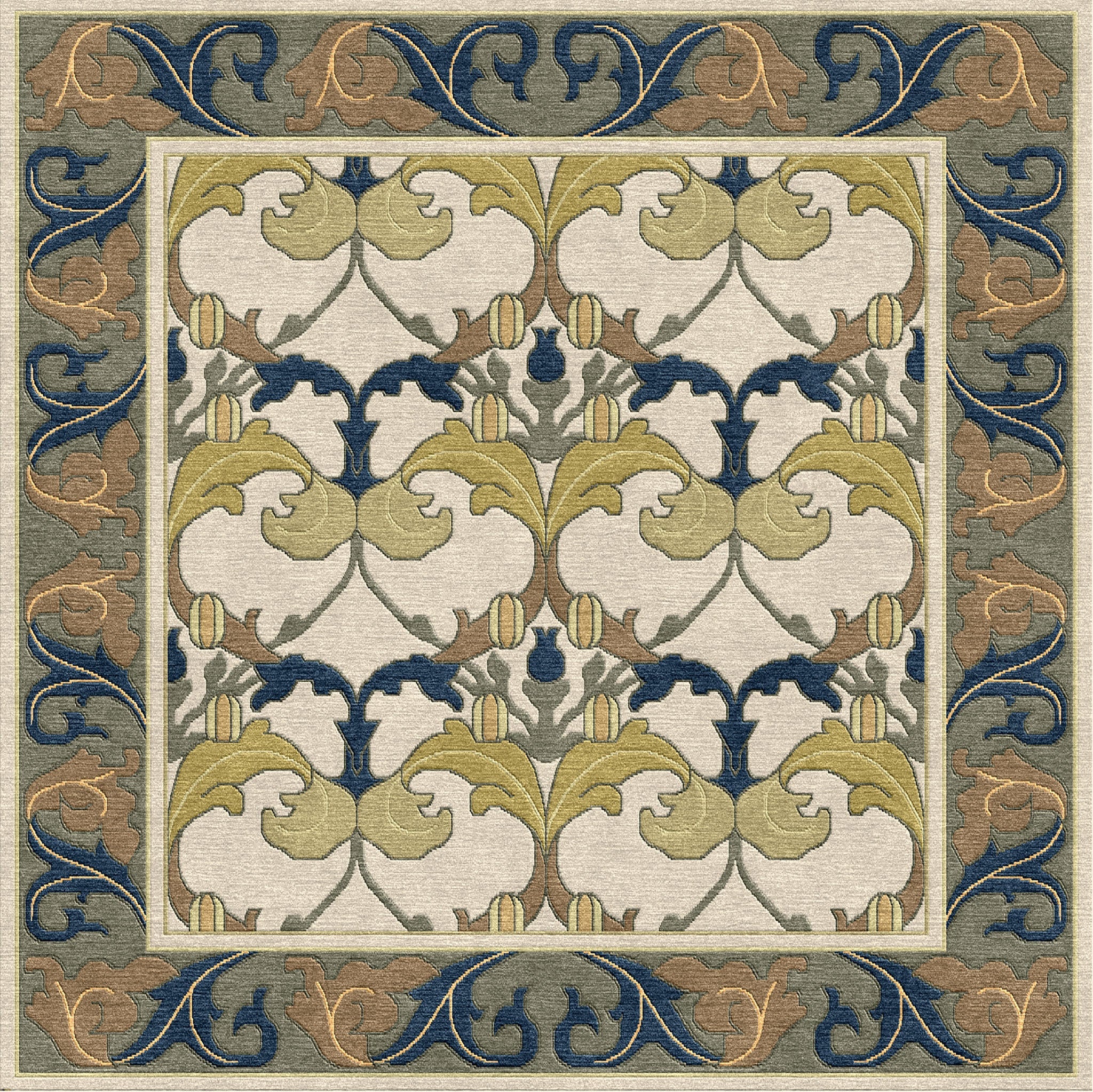 Voysey Botanical Stickley wool rug with navy, gold, and sage acanthus motif on cream.