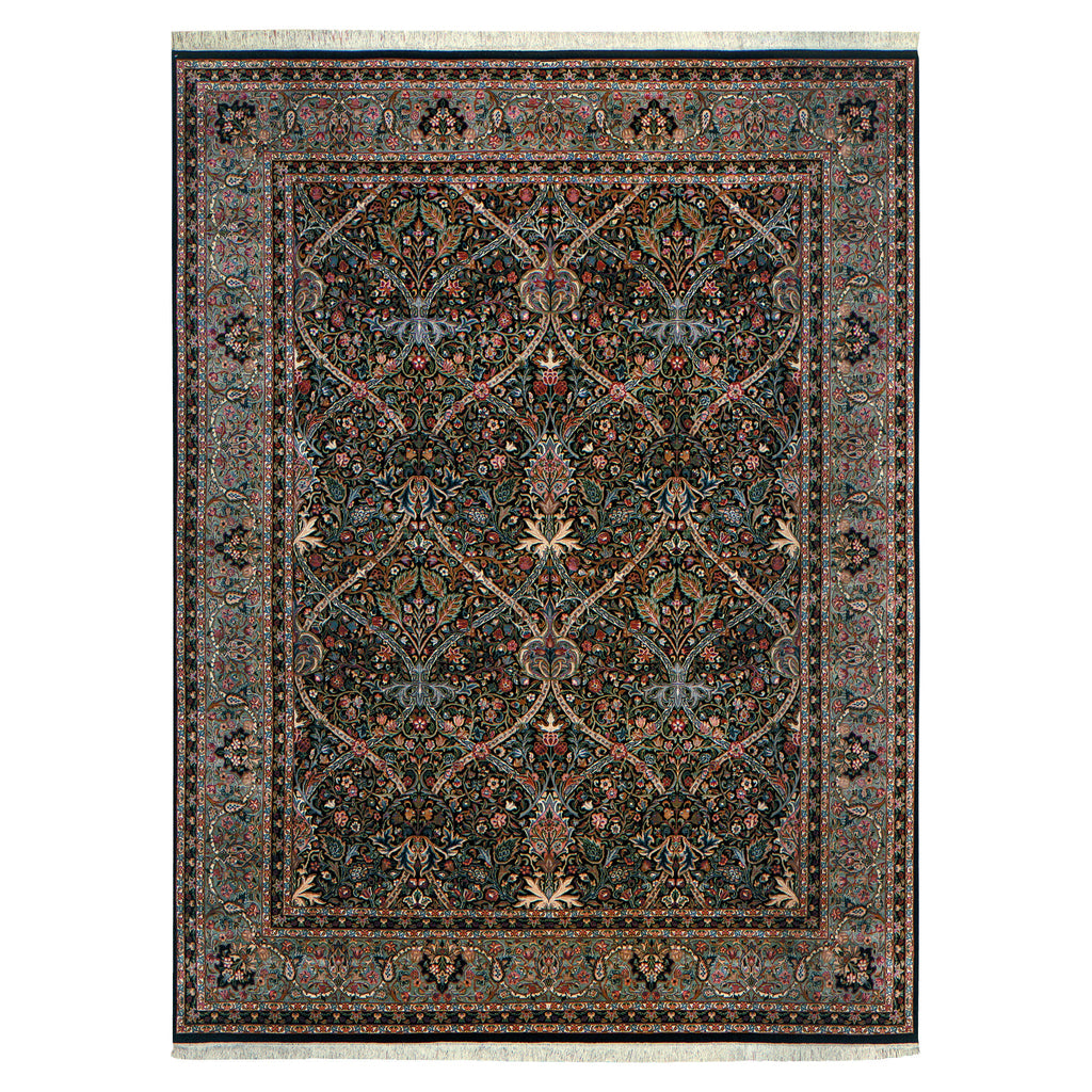 Morris Arts and Crafts Stickley rug with intricate floral patterns and fringe.