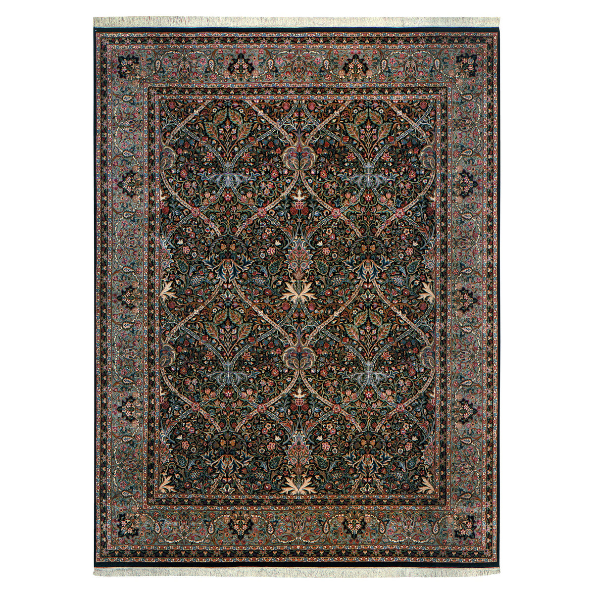 Morris Arts and Crafts Stickley rug with intricate floral patterns and fringe.