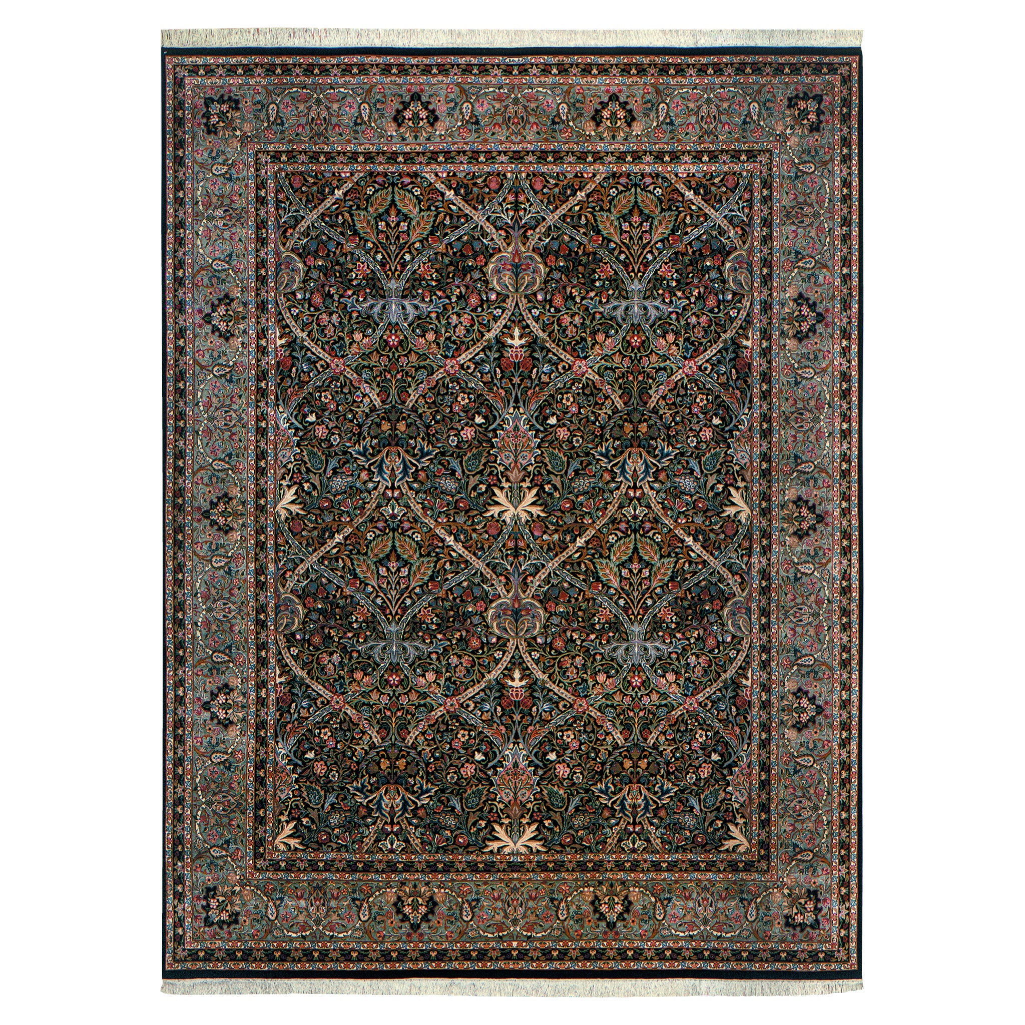 Morris Arts and Crafts Stickley rug with intricate floral patterns and fringe.