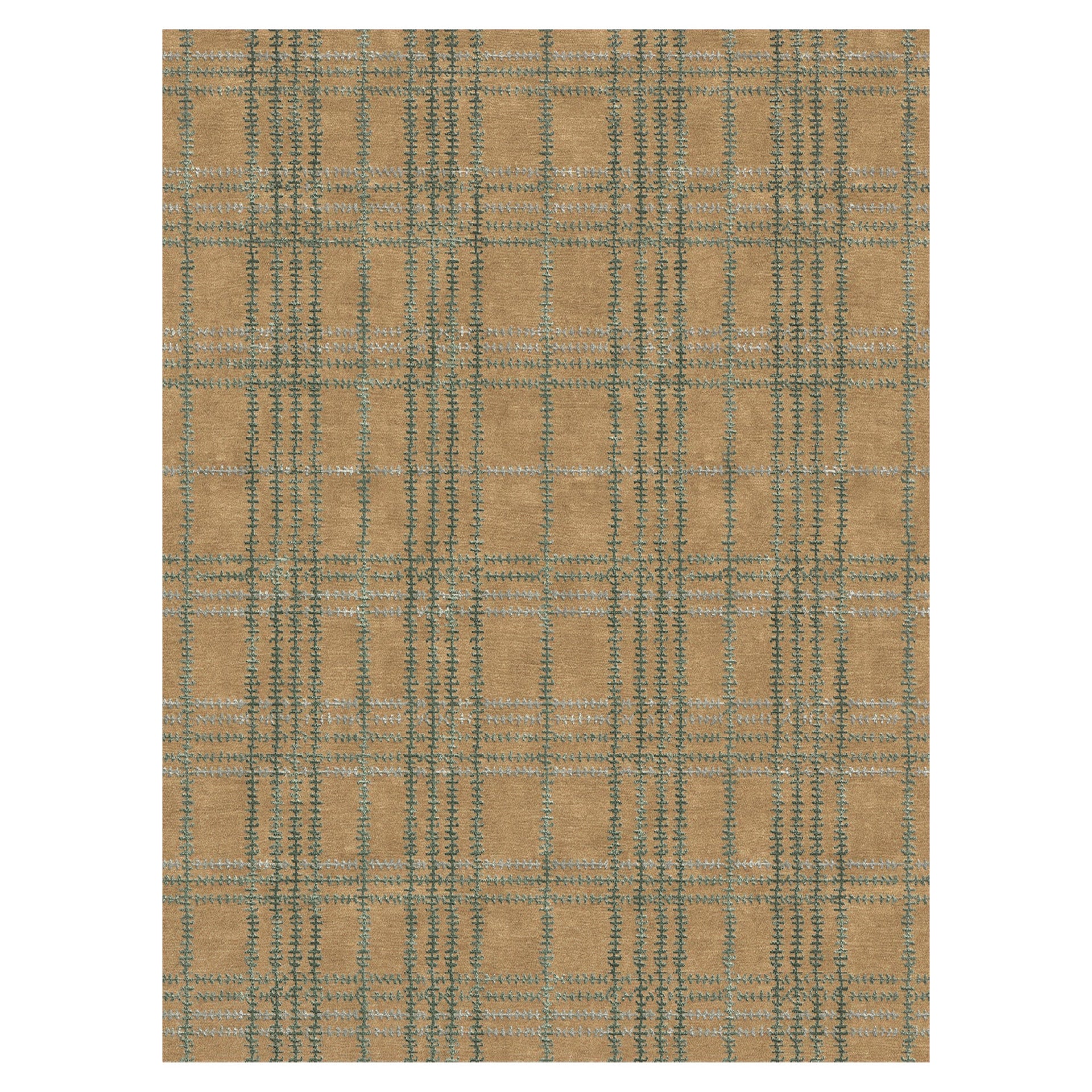 Whipstitch Stickley wool rug with a tan background and green and blue plaid bamboo silk patterns.